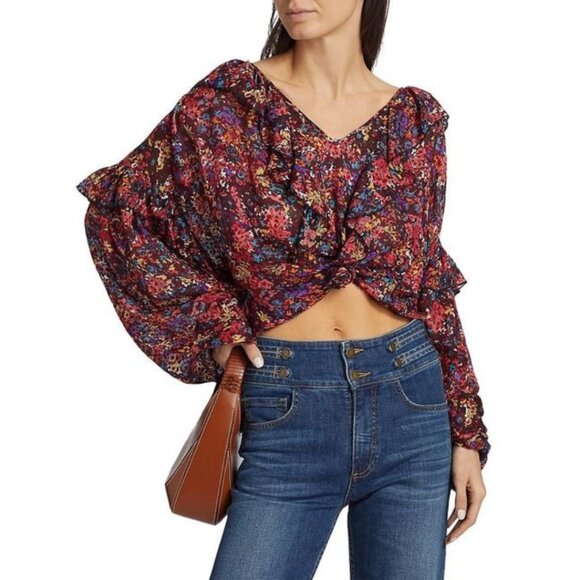 NWT Ramy Brook Women's Red Lana Floral Ruffled Top Size Medium - Picture 3 of 8
